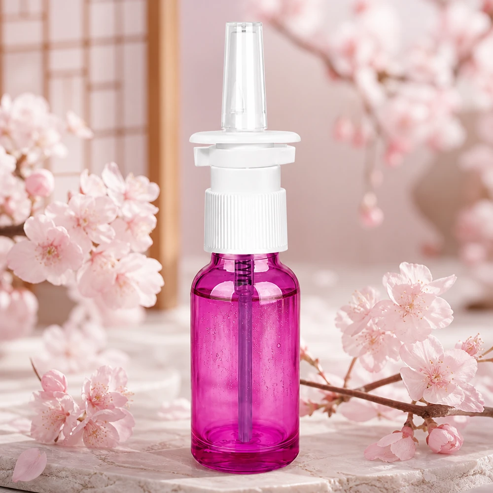 20 ml næsesprayflaske hvid/transparent standard PurpleLine. UT18/20 Praktisk 20 ml næsesprayflaske med STD-gevind i lilla til medicinsk brug