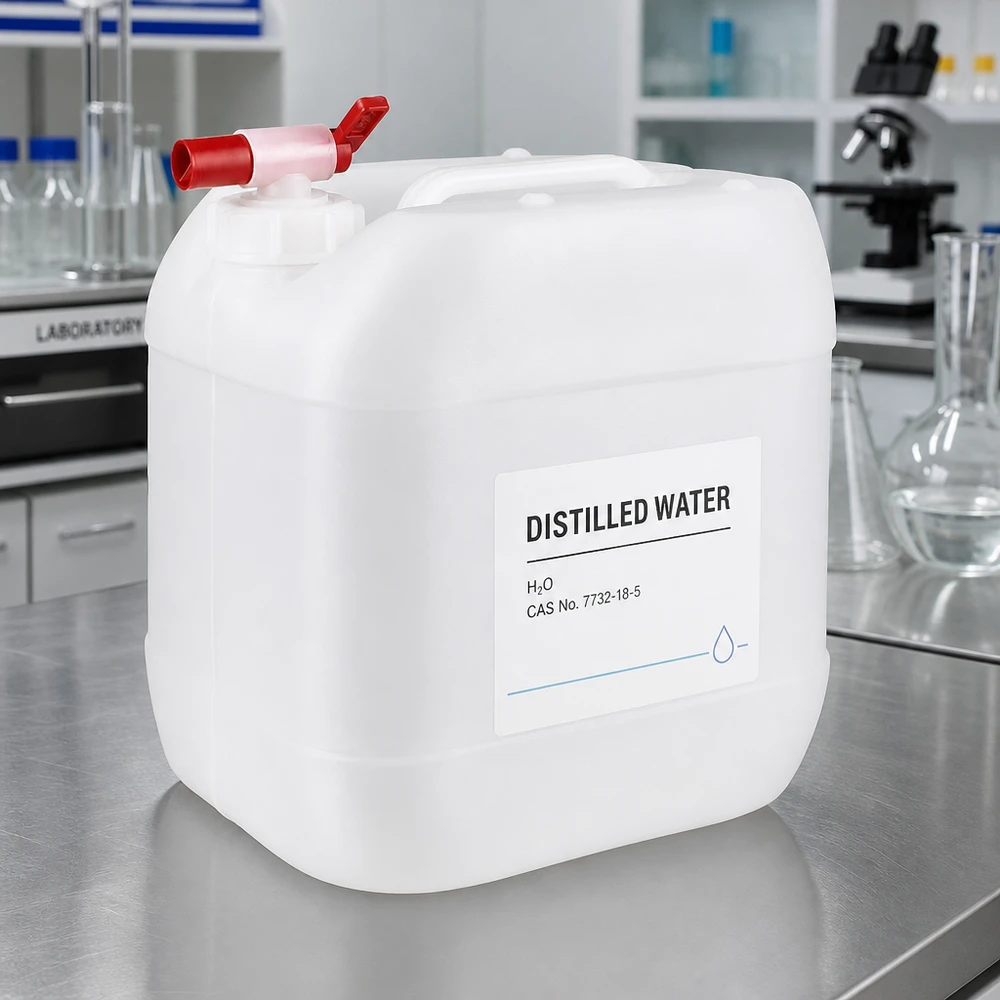 15 liters laboratoriekanister med destilleret vand og en praktisk rød tømmehane