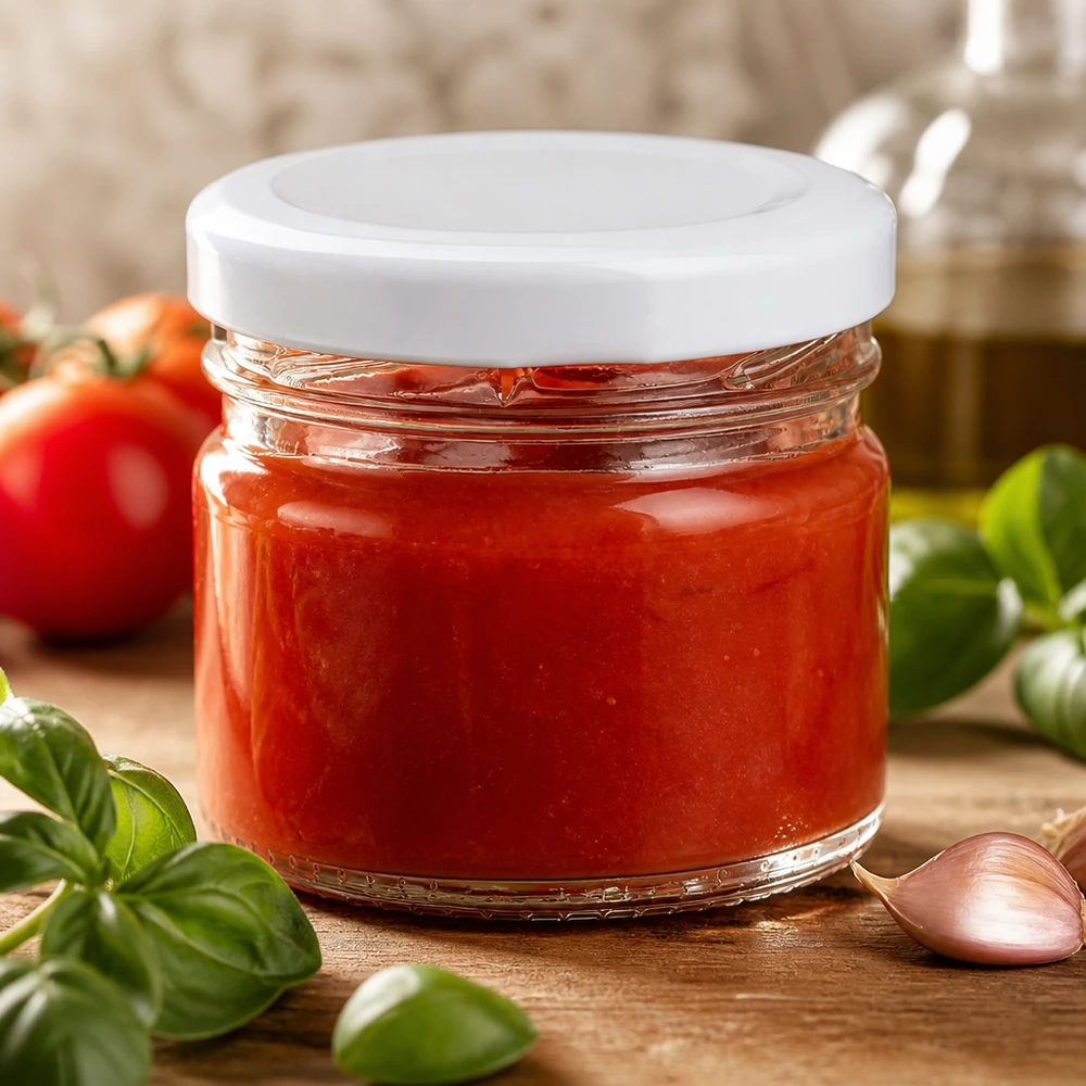 33 ml UNiTWIST-glas med hvidt BasicSeal-låg, fyldt med rød tomatsauce på et træbord