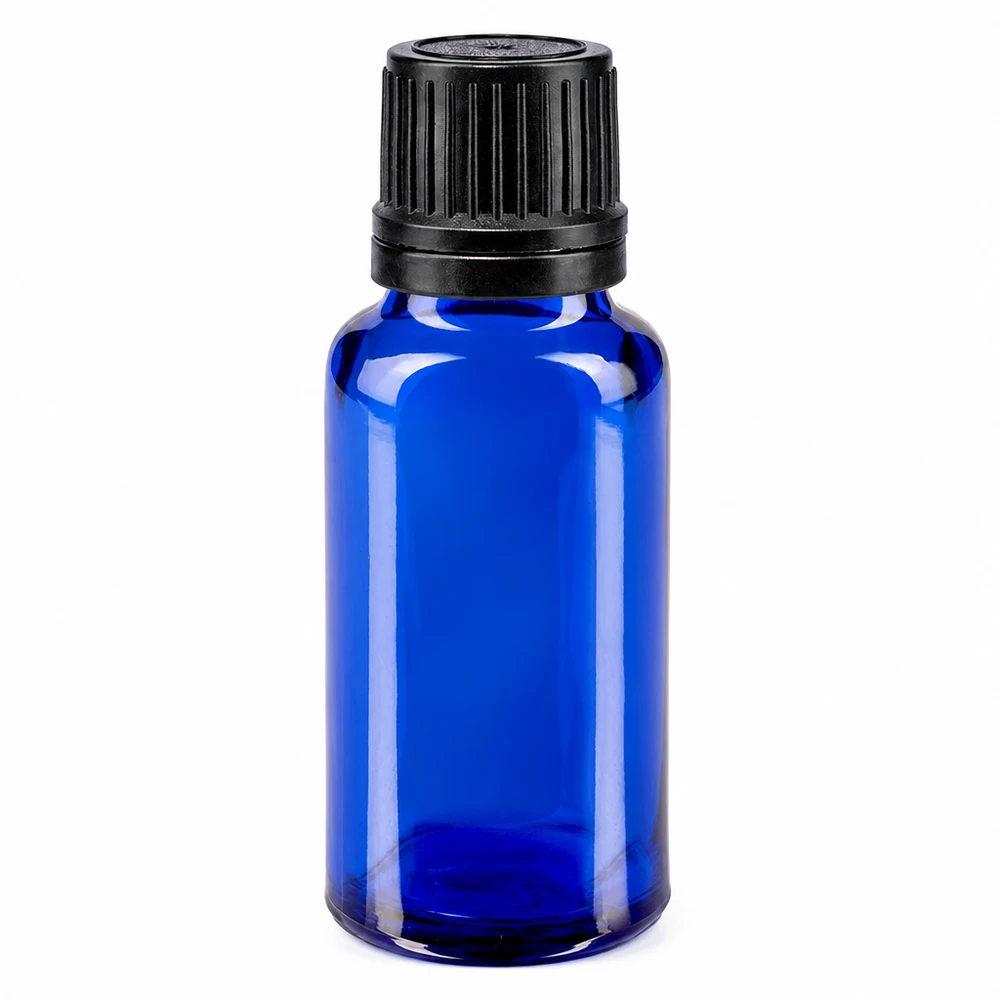 Apoteksflaske blå 20ml dryp v. Pr. 1mm sort OV 20 ml blå glasflaske med sort originalitetslukning og 1 mm dråbeindsats af apoteksglas