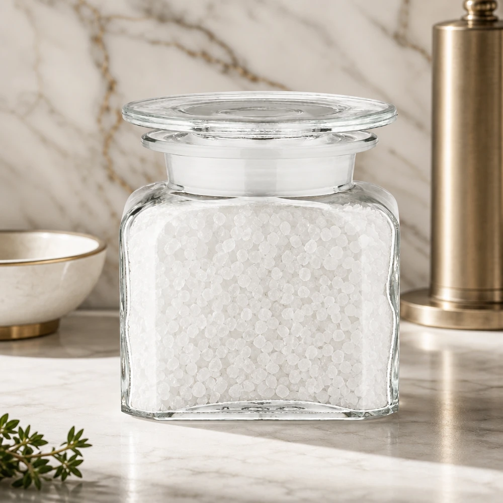 Idé til krydderiglas: Firkantet apotekerflaske 100 ml med bred hals Firkantet apotekerflaske på 100 ml fyldt med groft havsalt på en elegant marmorunderlag