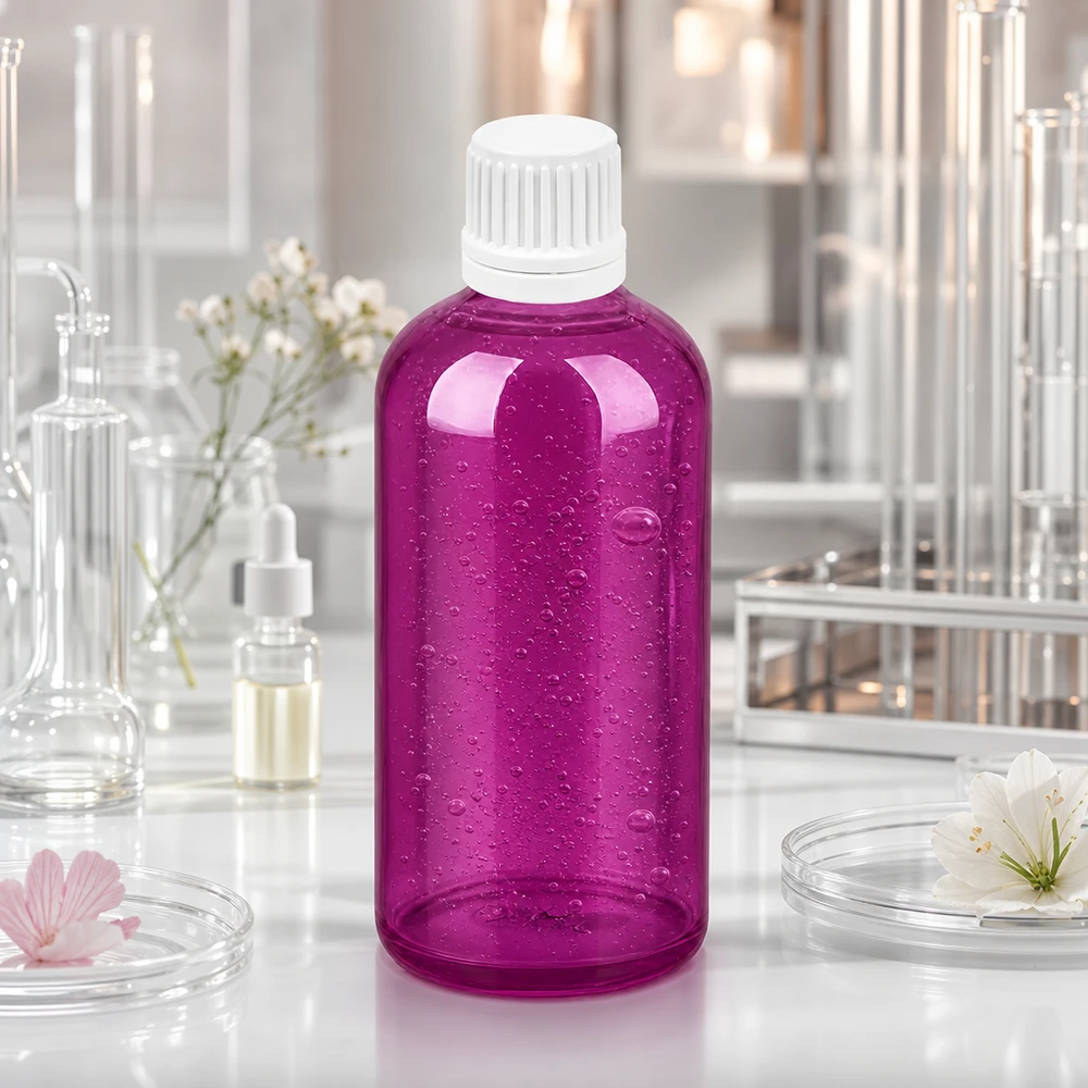 100 ml dråbeflaske 0,7 mm hvid Originality skruelåg PurpleLine UT18/100 Præcis 0,7 mm dråbedosering med 100 ml violet plastflaske til aromaterapi og laboratoriebrug.