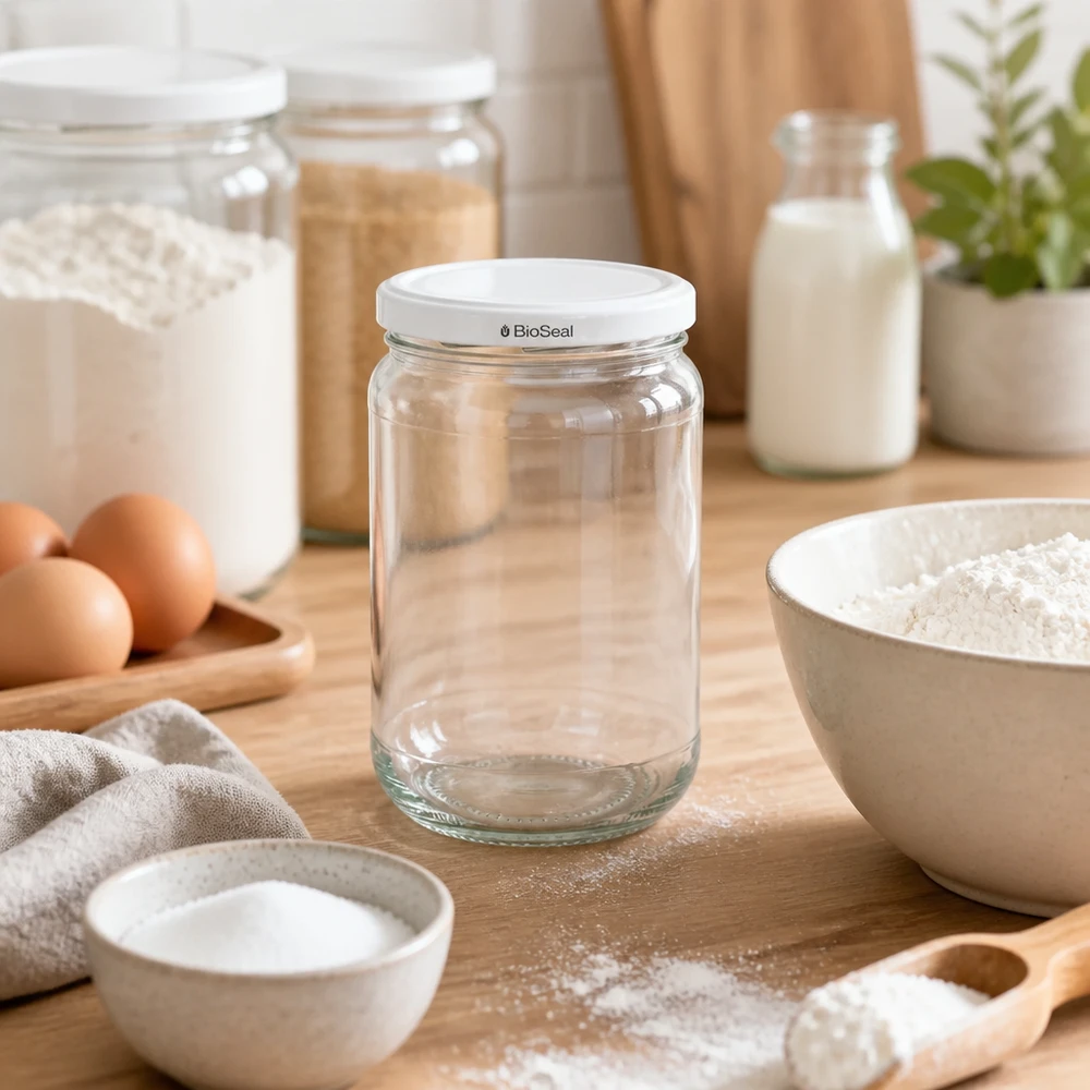 UNiTWIST Runda305 med hvidt låg TO63 BioSeal UNiTWIST Runda305 konserveringsglas med hvidt BioSeal-låg mellem bageingredienser - ideelt til mel og køkkenudstyr