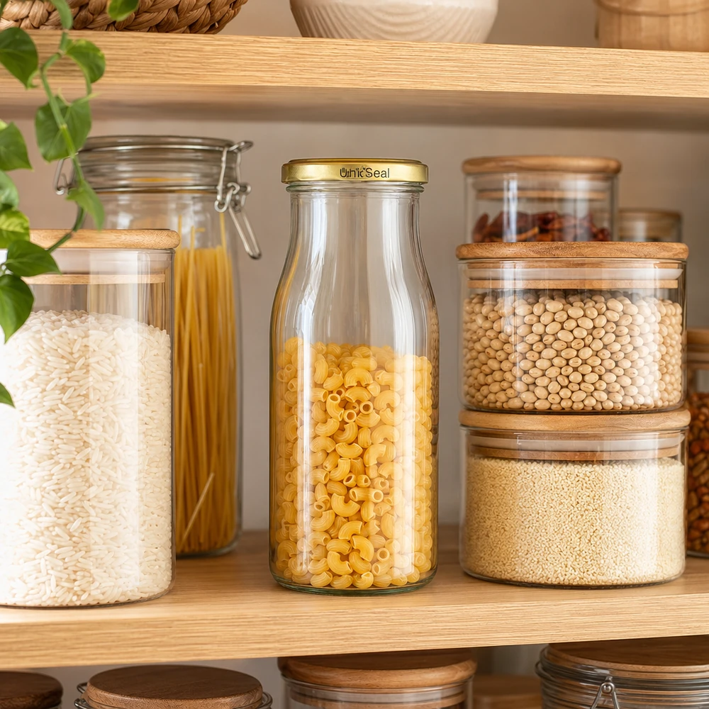 UNiTWIST Bottle150 med guld. Låg TO43 BioSeal UNiTWIST glasflaske 150 ml gyldent BioSeal-låg fyldt med pasta mellem opbevaringsglas Pantry-organisation