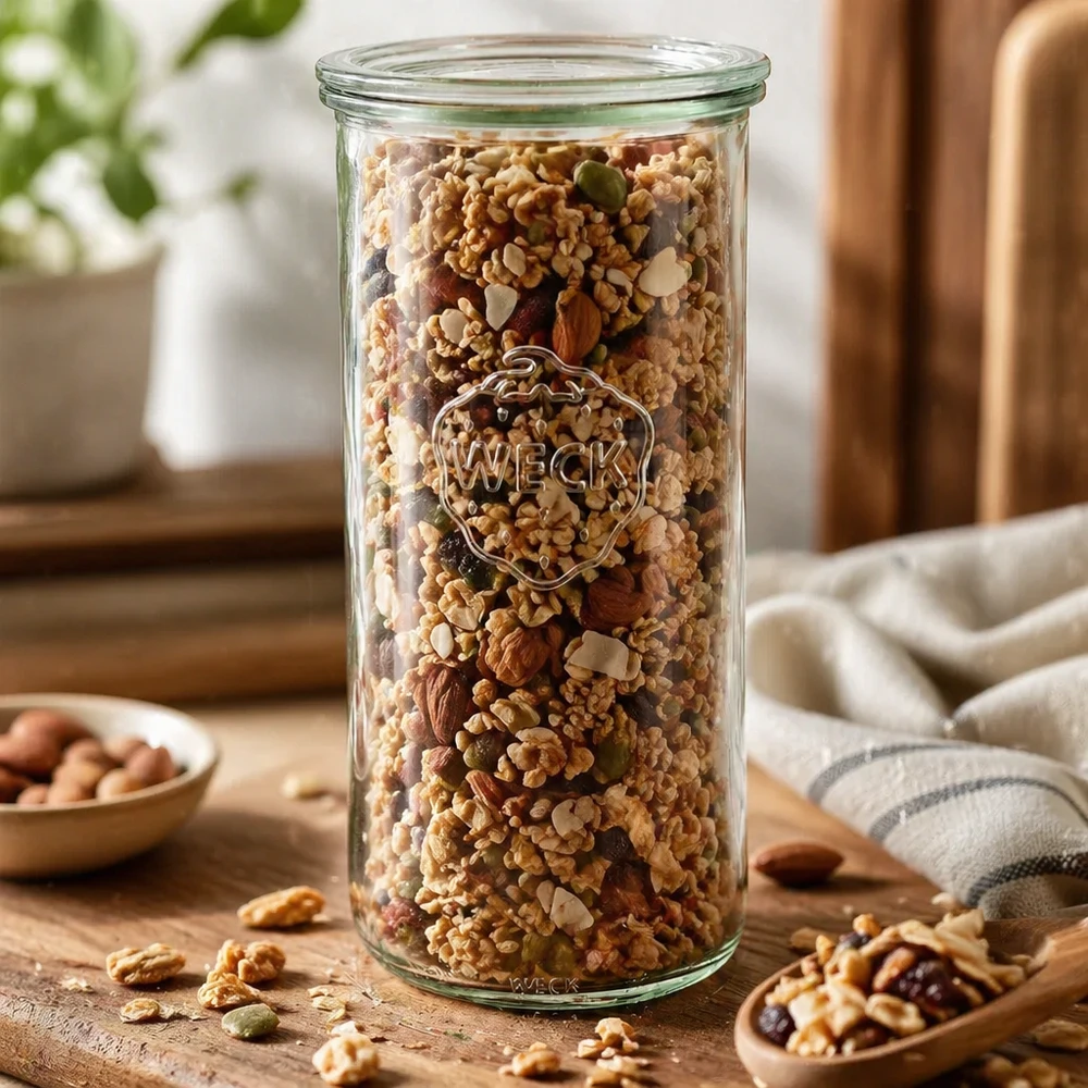 1500 ml Briller med glaslåg WECK RR100 WECK RR100 1500 ml opbevaringskrukke fyldt med nødder, müsli og tørret frugt på et træbord Køkkenopbevaringskrukke