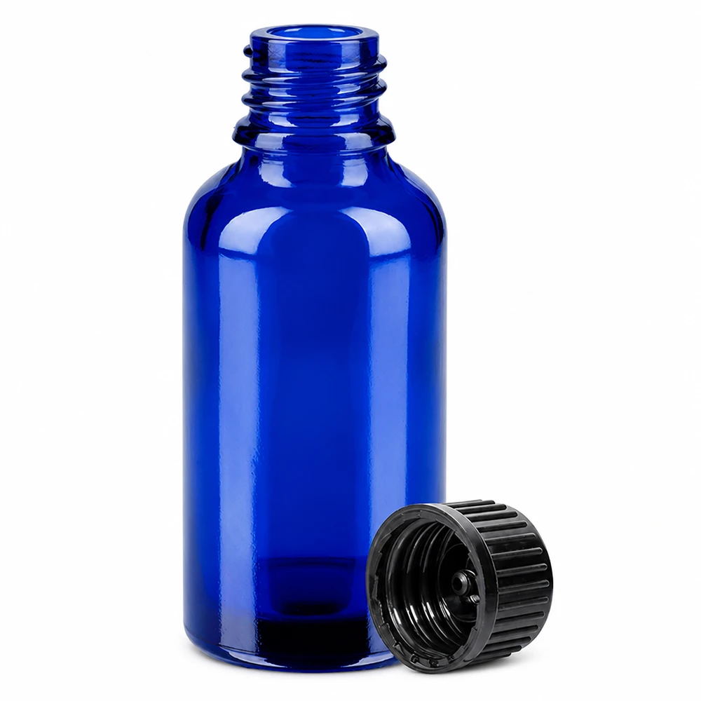 30 ml flaske 11 mm SV sort STD BlueLine UT18/30 Lille 30 ml glasflaske i koboltblå med ribbet sort hætte til præcis dosering