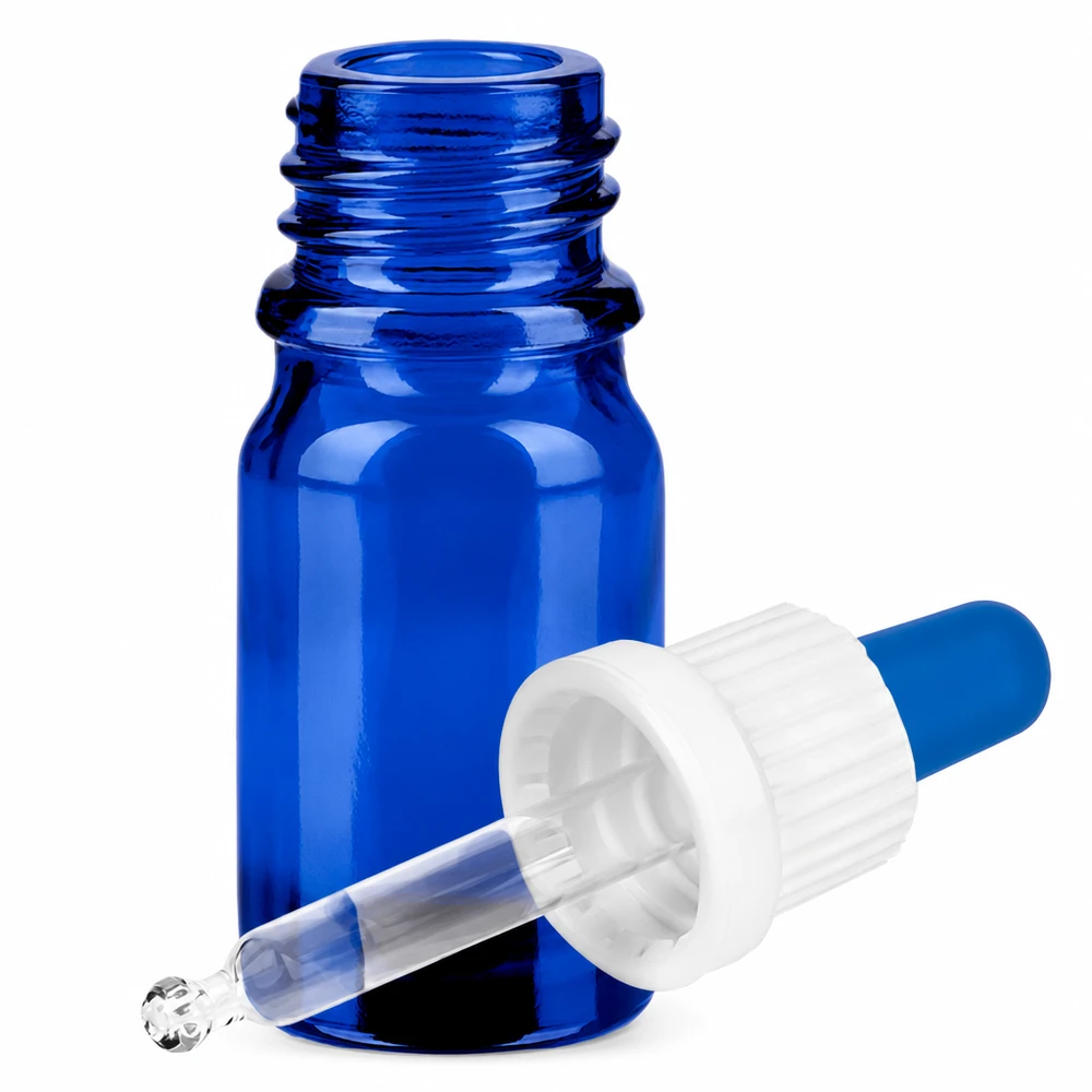 5 ml pipetteflaske hvid/blå OV BlueLine UT18/5 Blå glasflaske 5 ml med pipette og hvid dråbehætte til præcis dosering