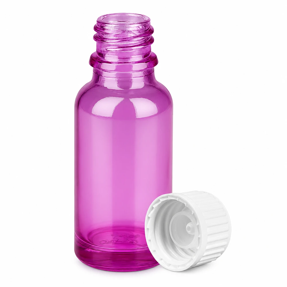 Lille 20 ml glasdråbeflaske i transparent lilla med praktisk skruelåg