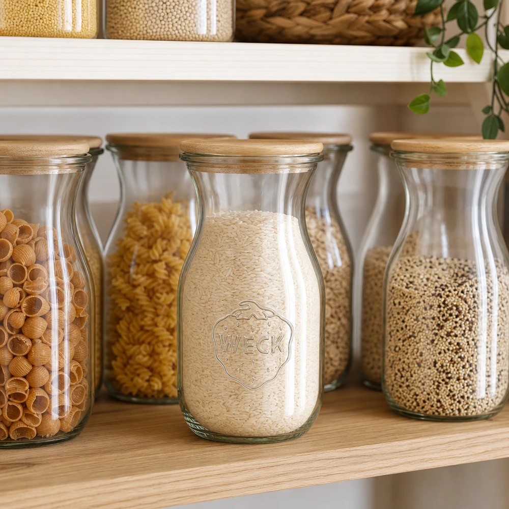 290 ml WECK juiceflaske med trælåg WECK Saftflasche 290ml mit Holzdeckel als Vorratsjar für Reis in skandinavischer Pantry mit Getreidegläsern
