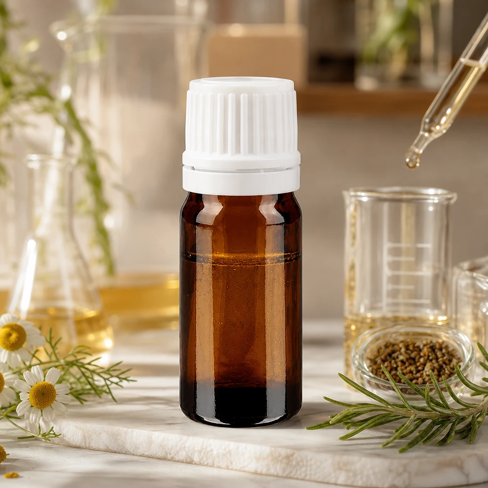 Brun 5 ml glasflaske med hvid sikkerhedslås mellem kamilleblomster og rosmarin