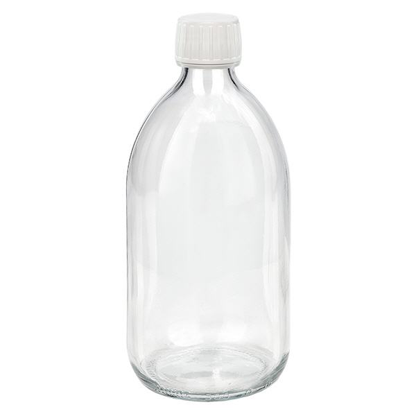500 ml medicinflaske klar, hvid hætte med tyverisikring ApoGlas. Farmaceutisk kvalitet fra EU-produktion. 28 mm (PP28) gevind. (sirup, let glasflaske) 500 ml medicinflaske klar, hvid hætte med tyverisikring ApoGlas. Farmaceutisk kvalitet fra EU-produktion. 28 mm (PP28) gevind. (sirup, let glasflaske)