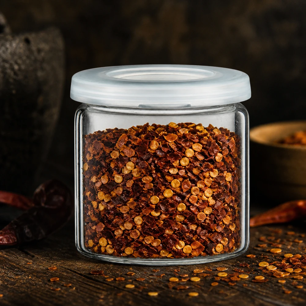 Idé til krydderikrukke: 5 ml tabletkrukke (krukke med rullet kant) i klart glas Krydderiglas af klart glas fyldt med røde chiliflager og chilifrø med hvidt plastlåg