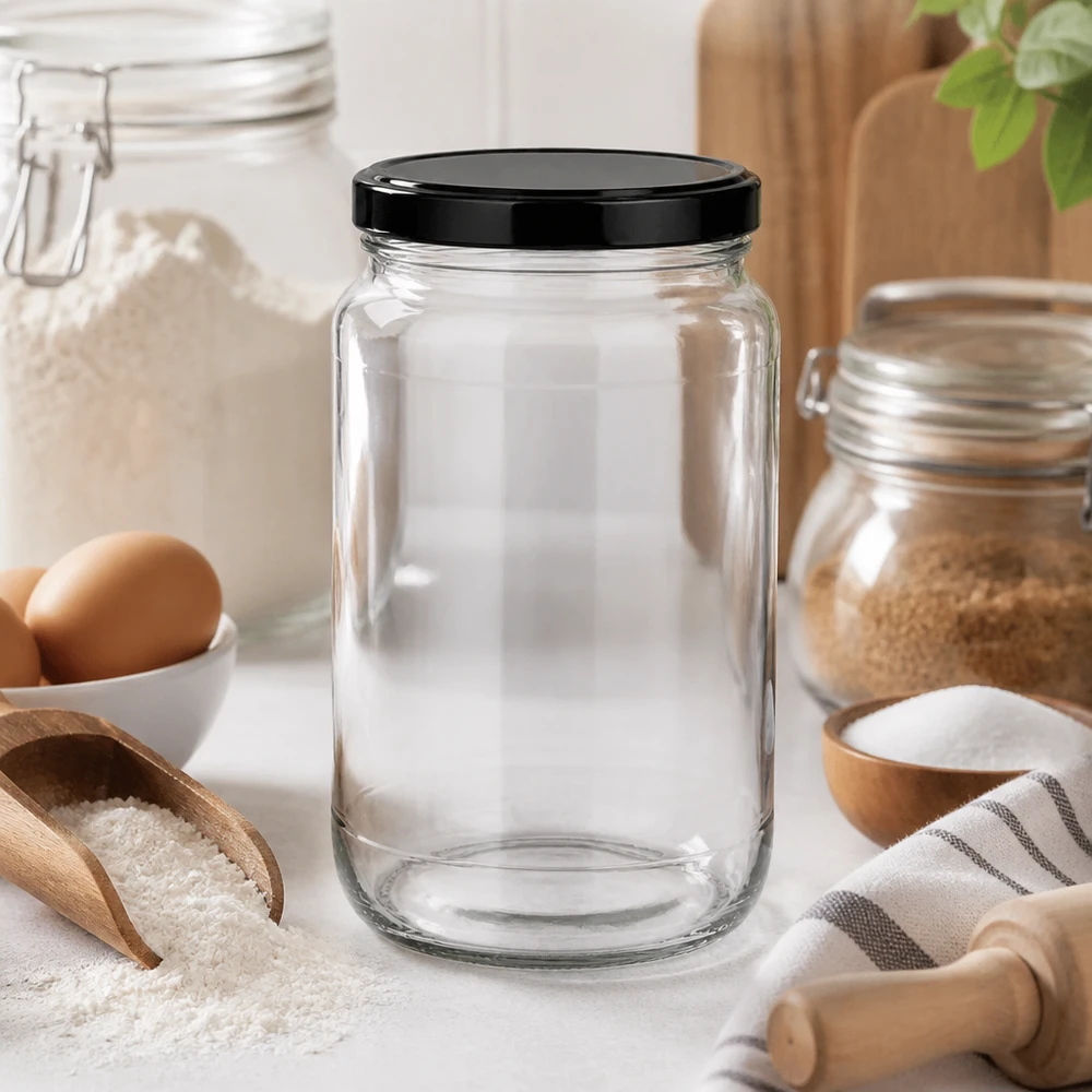 1700 ml rund krukke med BasicSeal-låg sort UNiTWIST 1700 ml rund krukke tom i moderne køkken viser elegant design til alsidig opbevaring og dekoration