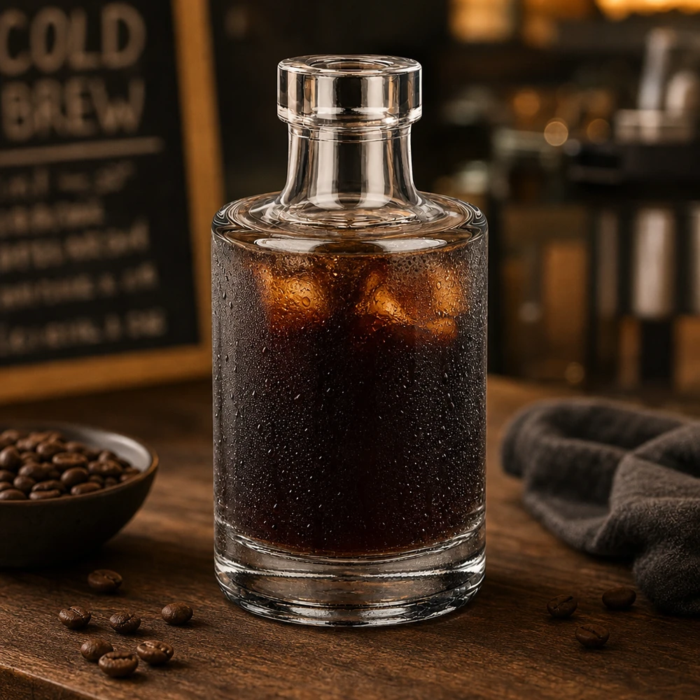 100 ml glasflaske »Marie« uden lukning UNiTWIST® 100ml Glasflasche Marie mit Cold Brew Kaffee gefüllt neben Kaffeebohnen in gemütlicher Café-Atmosphäre
