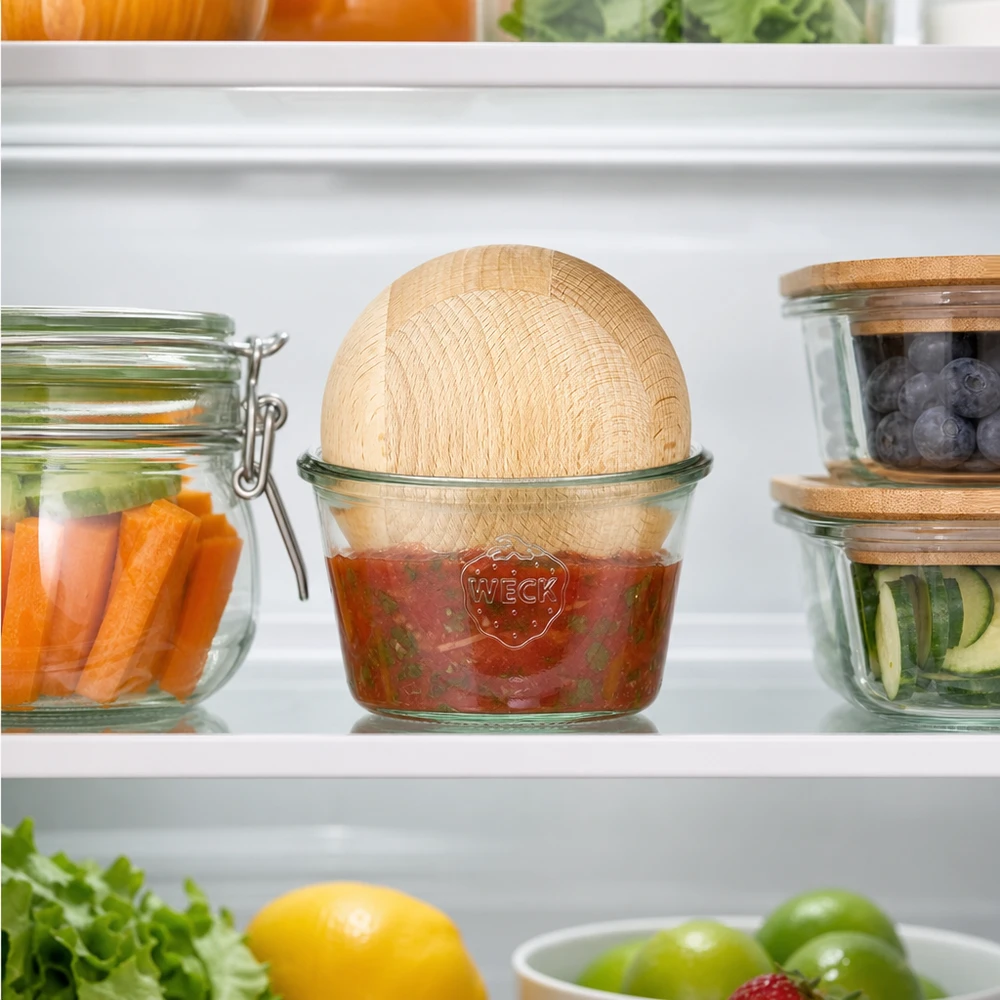 370 ml Briller WECK RR100 med trækugle bøg WECK RR100 Opbevaringsglas til køleskabet 370 ml Salsa Dip Bøgekugle ved siden af grøntsager friske ingredienser