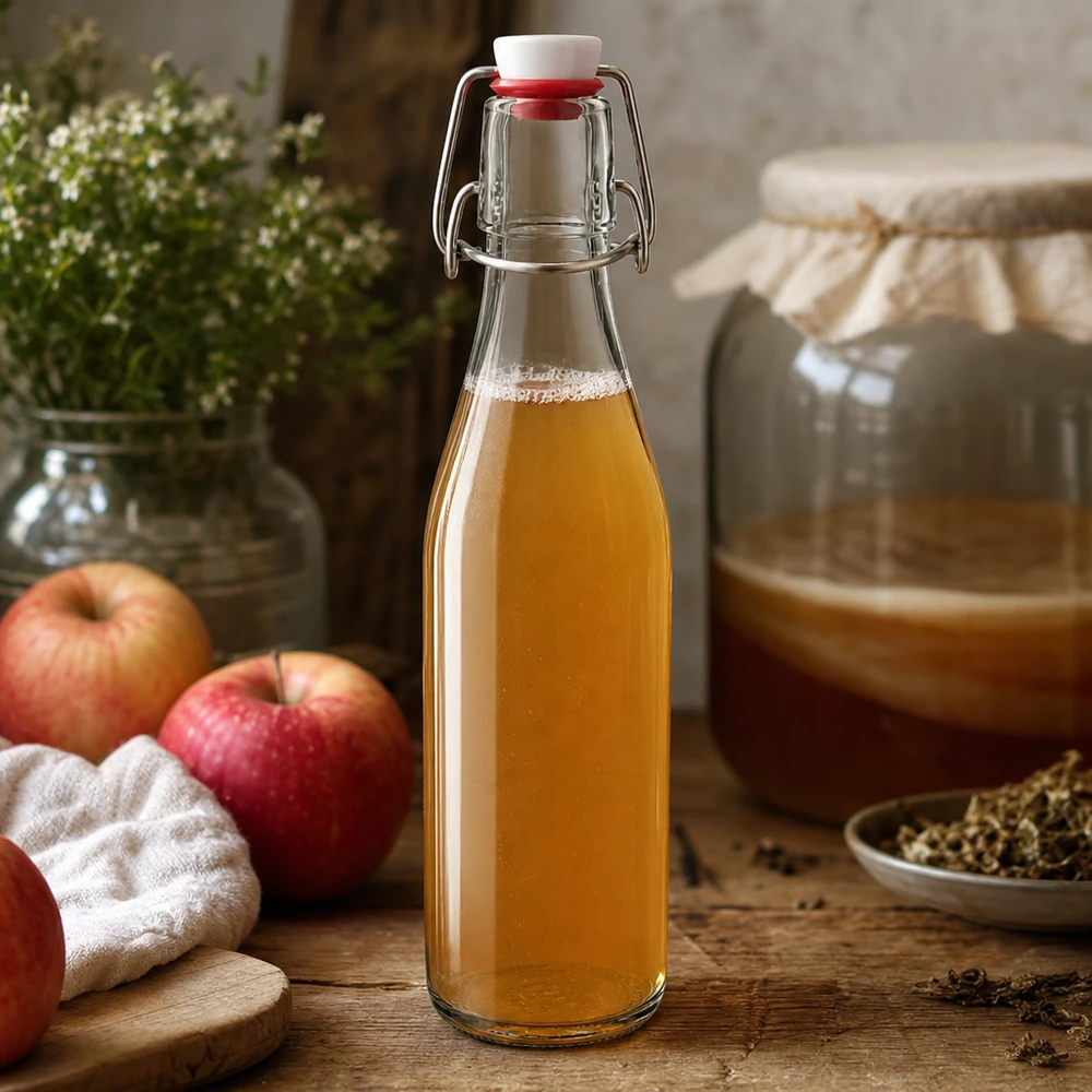 250 ml glasflaske og hængelåg i PVC UNiTWIST 250 ml glasflaske med svingtop fyldt med æblecidereddike, rustik køkkenscene med røde æbler og krydderier