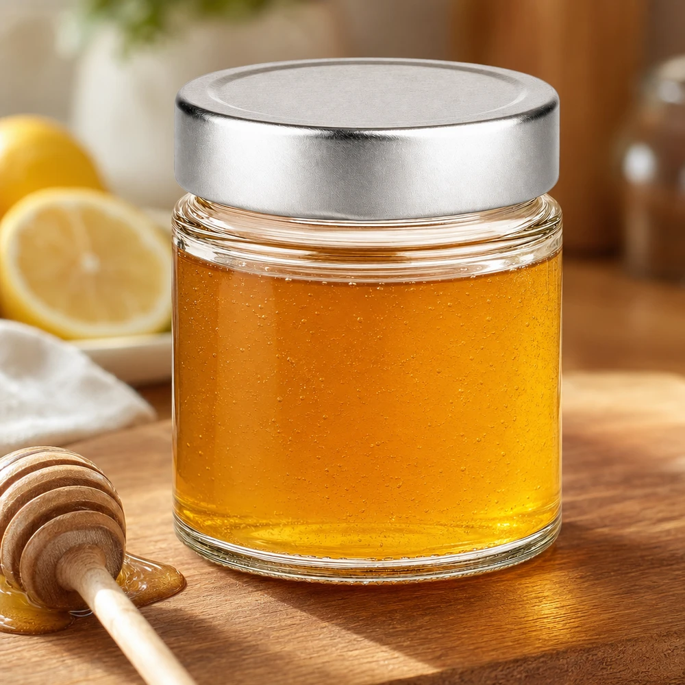 135 ml rund krukke + BasicSeal-låg sølvfarvet dyb UNiTWIST 135 ml rund krukke med sølvlåg fyldt med gylden honning honningske citron køkken naturlig mad krukke