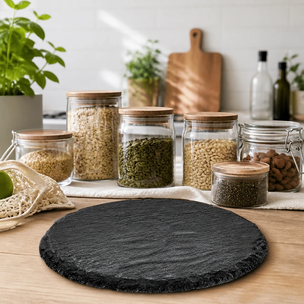 Serveringsfad i skifer, rundt Ø 150 mm Rund skiferplade 150 mm på træbord i bæredygtigt zero-waste-køkken med opbevaringskrukker og krydderurter