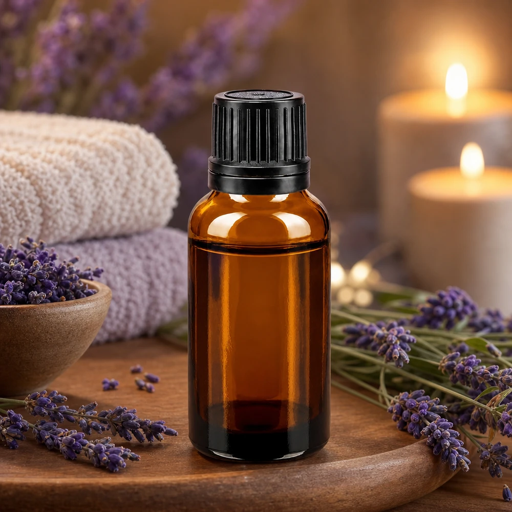 Apoteksflaske brun 20ml skruelåg sort hælde r. OV 20 ml brun glasflaske med sort dråbepropp og 8 mm åbning til aromaterapi og naturkosmetik