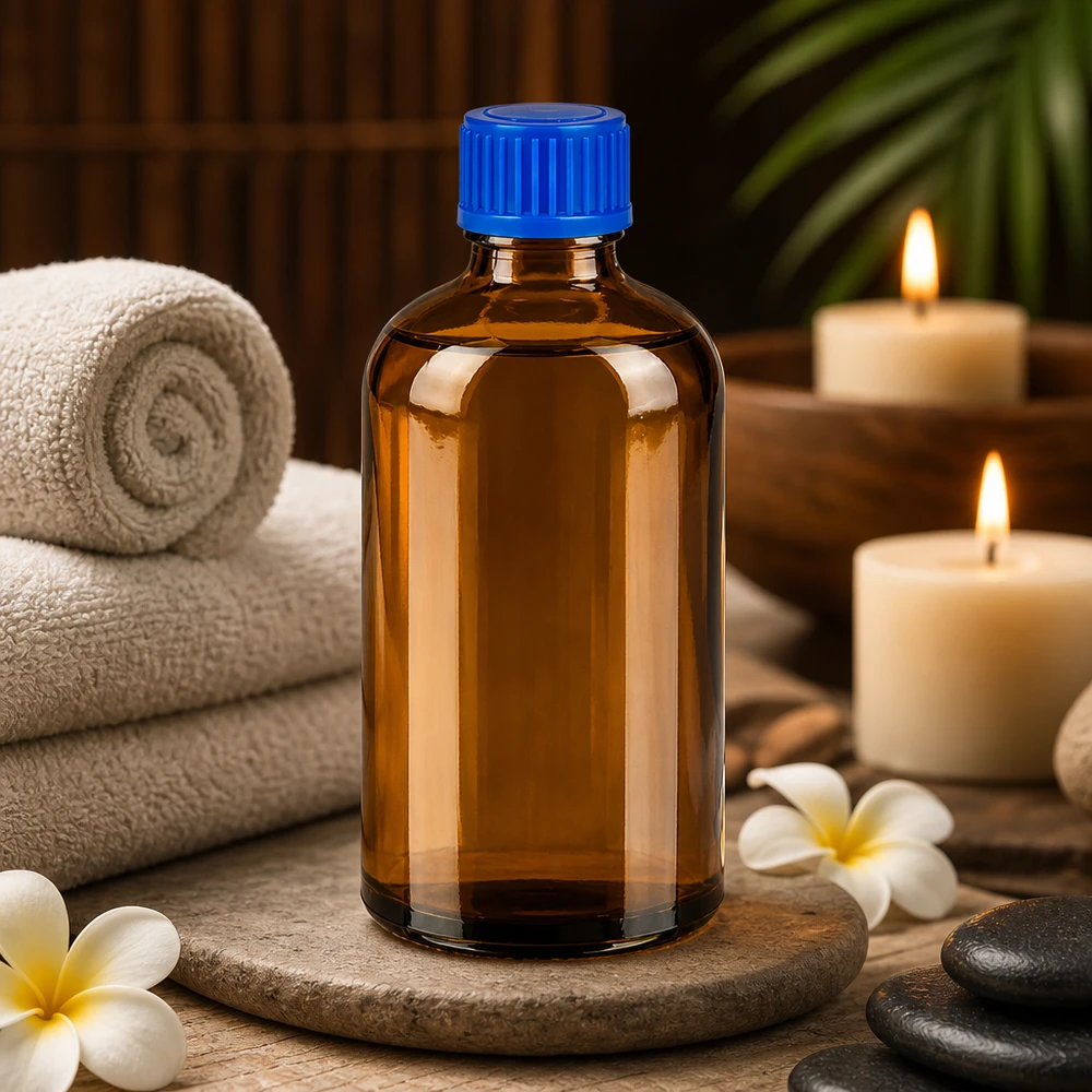 100 ml flaske 11 mm SV blå STD BrownLine UT18/100 Kompakt 100 ml ravfarvet glasflaske med blå hætte, ideel til kosmetik og wellness-produkter