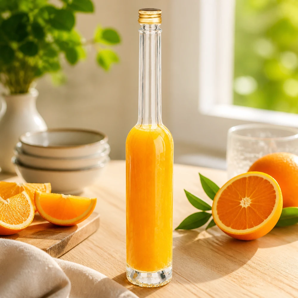 100 ml glasflaske »Toni« og skruelåg sølv UNiTWIST® 100 ml glasflaske Toni fyldt med appelsinjuice - gyldent UNiTWIST-skruelåg i køkkenlandskab med friske appelsiner