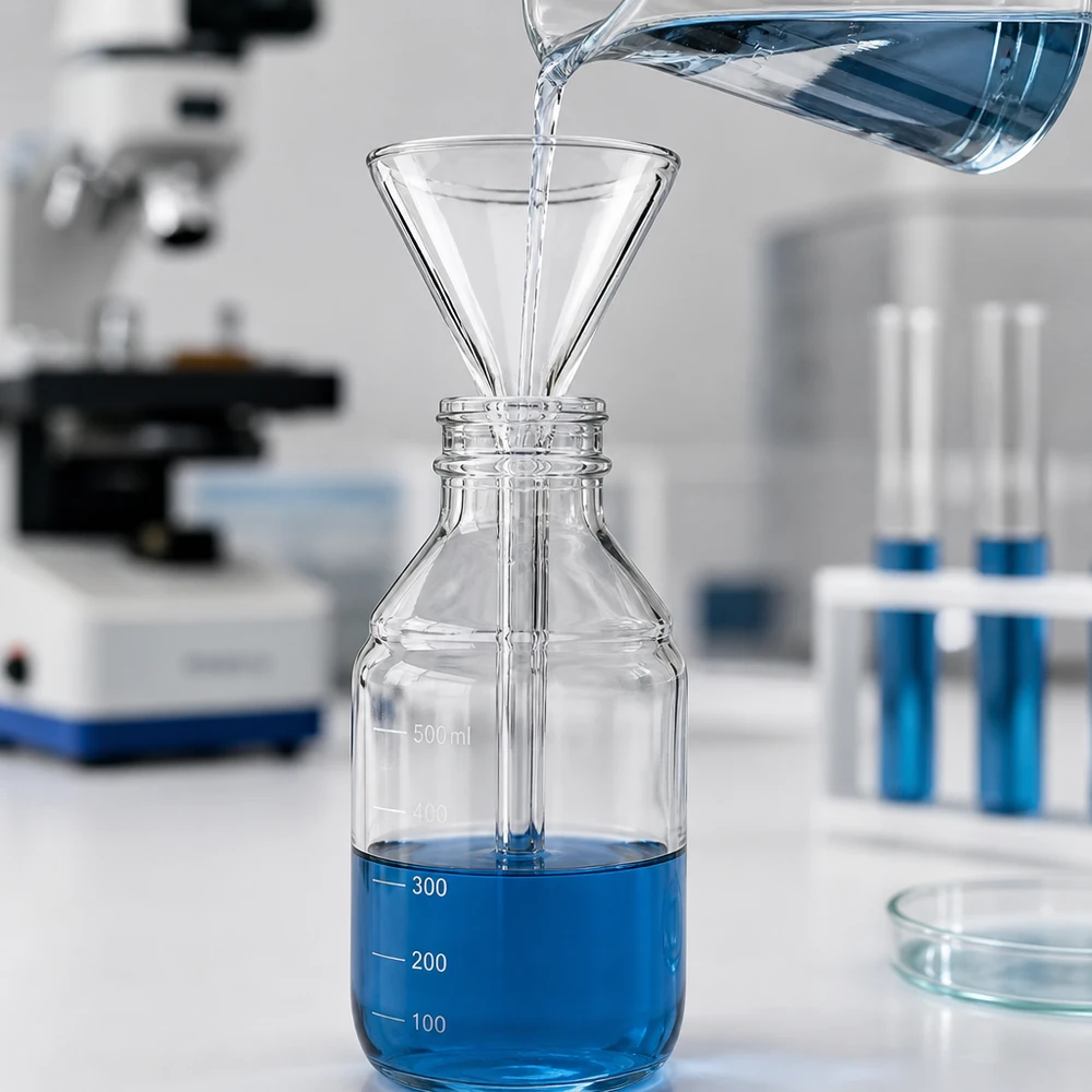 Tragt Ø 30 mm sodakalk, vinkel 60°, kort model Kompakt laboratorietragt af kalksodaglas med 30 mm åbning til effektiv dosering af væsker