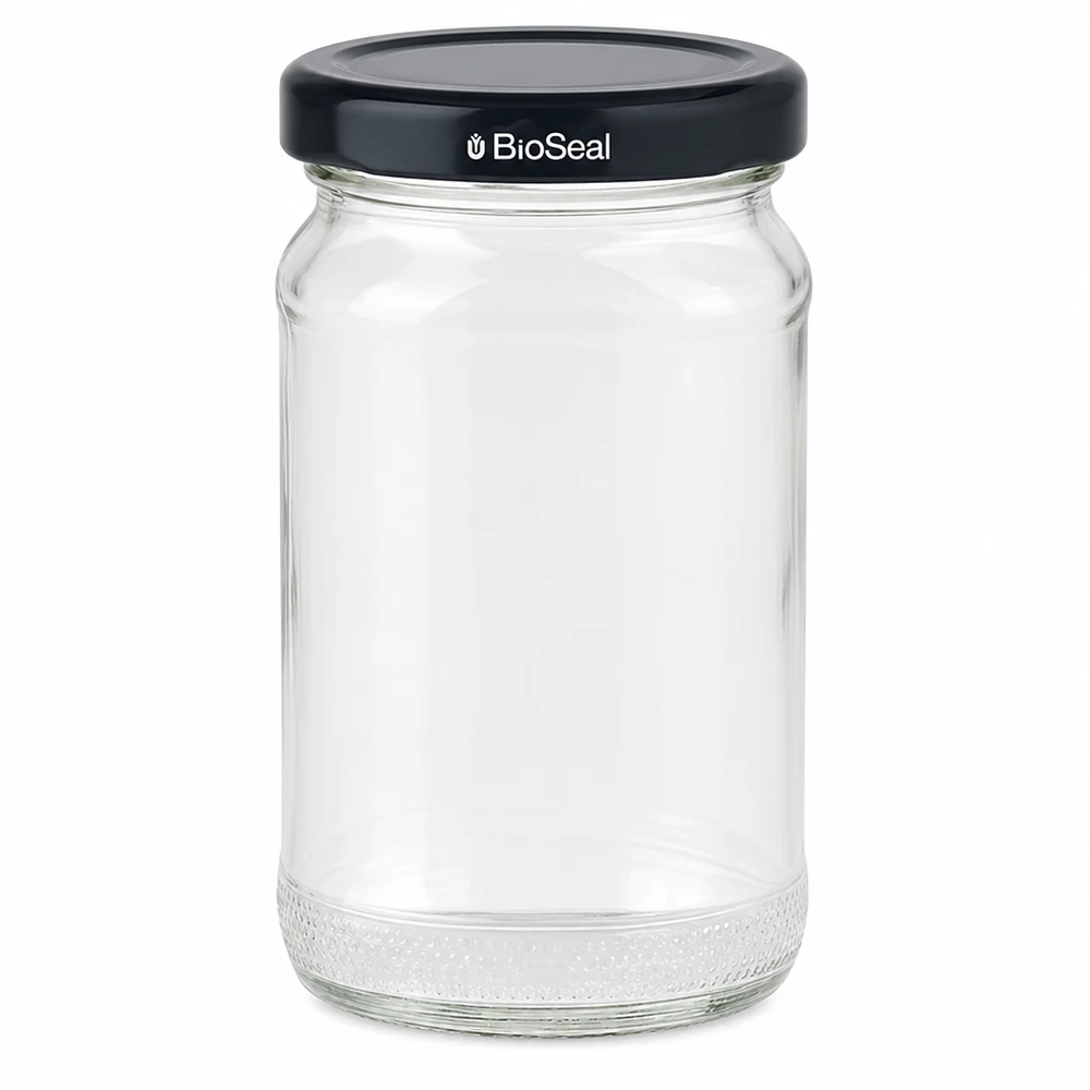 UNiTWIST Runda110 med sort. Dæksel TO48 BioSeal UNiTWIST Runda110 konservesglas med sort TO48 BioSeal-låg - tomt opbevaringsglas