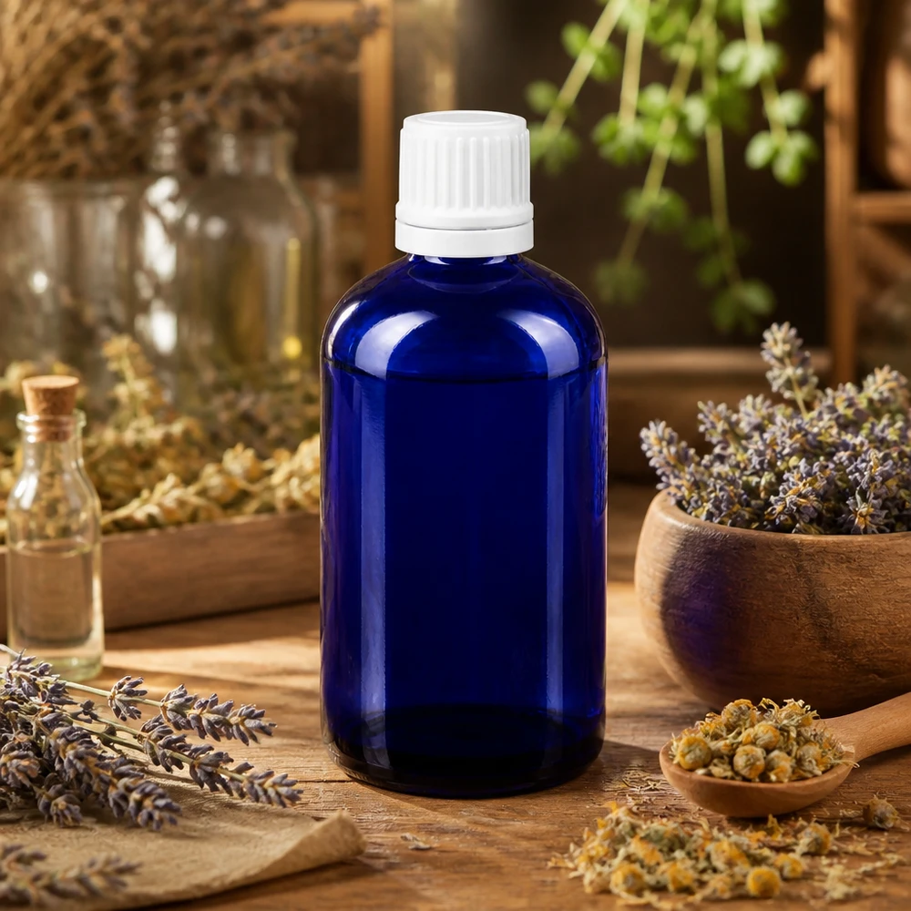 Apoteksflaske blå 100ml dryp v. 1,2 mm hvid OV 100 ml dråbeflaske af koboltblåt apotekerglas med hvid OV-prop, mellem lavendel og kamilleblomster