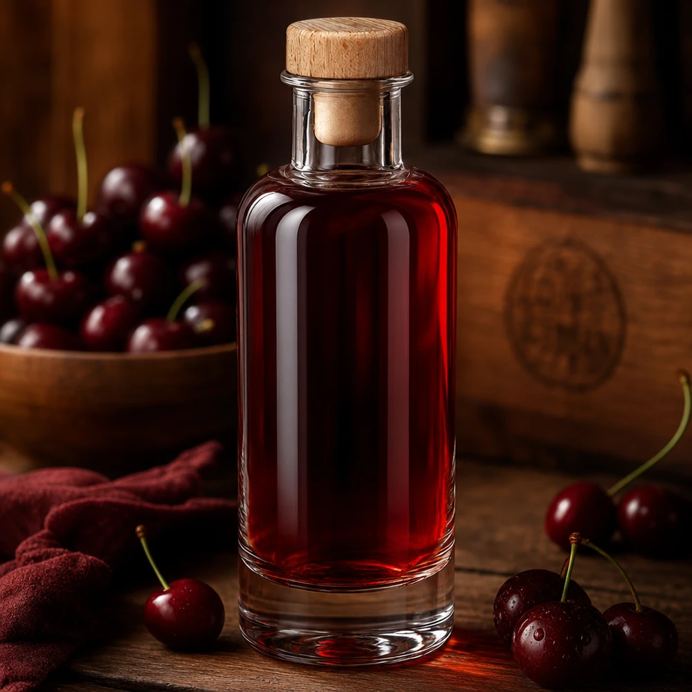 200 ml glasflaske »Ella« med træhåndtag og prop UNiTWIST® Glasflasche Ella 200ml mit Holzkorken gefüllt mit rotem Kirschlikör zwischen frischen Kirschen auf warmem Holztisch