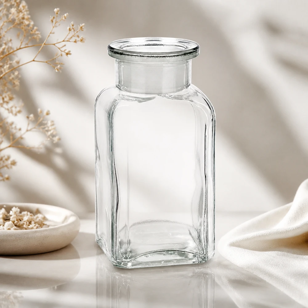 Firkantet flaske 100 ml klar glasprop med bred hals Tom, gennemsigtig firkantet flaske på 100 ml med bred hals foran et elegant hvidt stof og tørrede blomster