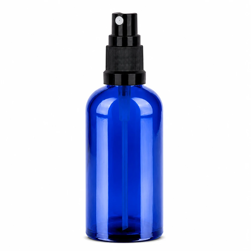 Blå glassprayflaske 100 ml med sort pumpesprøjte til kosmetik og æteriske olier