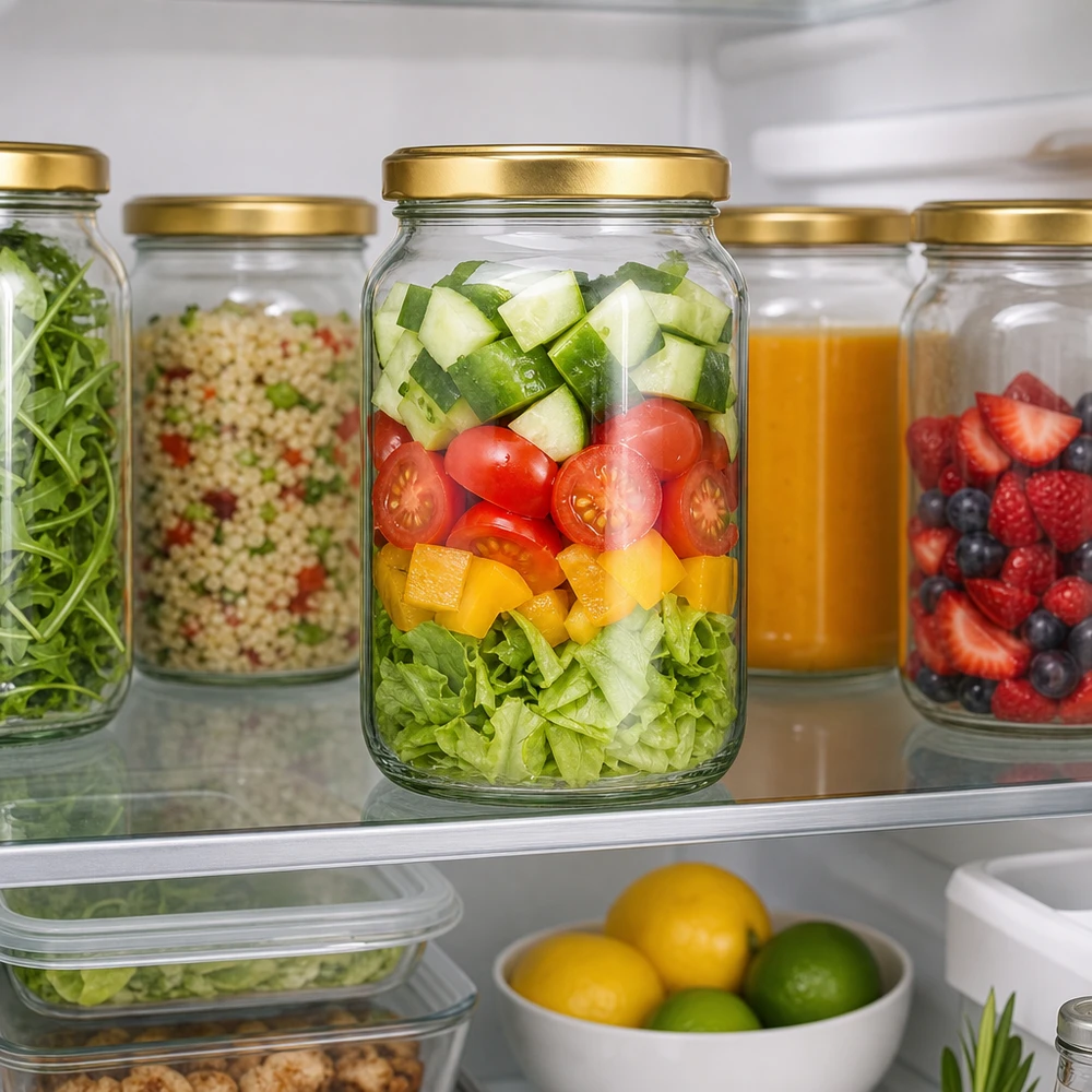 1700 ml rund krukke med BasicSeal-låg i guld UNiTWIST 1700 ml rund krukke med gyldent BasicSeal-låg i køleskabet viser Meal Prep med salat og sund opbevaring