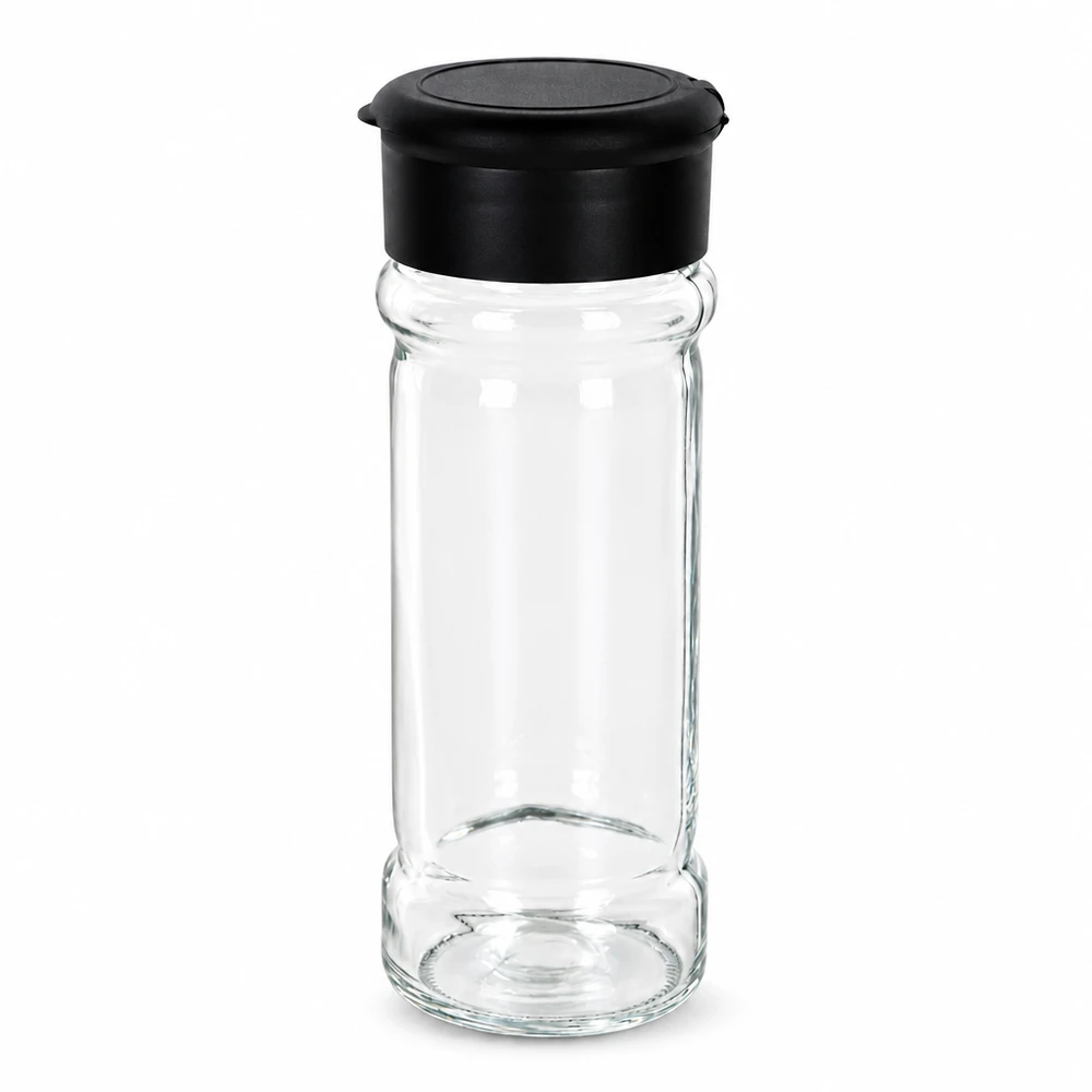 Cylindrisk krydderibeholder i klart glas, 100 ml, med sort plastlåg med strøfunktion ovenfra