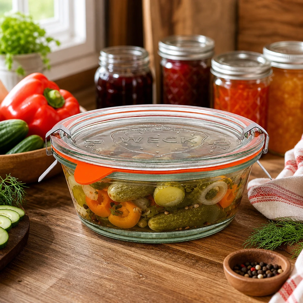 300 ml gourmetglas komplet WECK RR120 WECK 300 ml gourmetglas RR120 i køkken med syltede grøntsager, syltetøjsglas i baggrunden, køkkenatmosfære