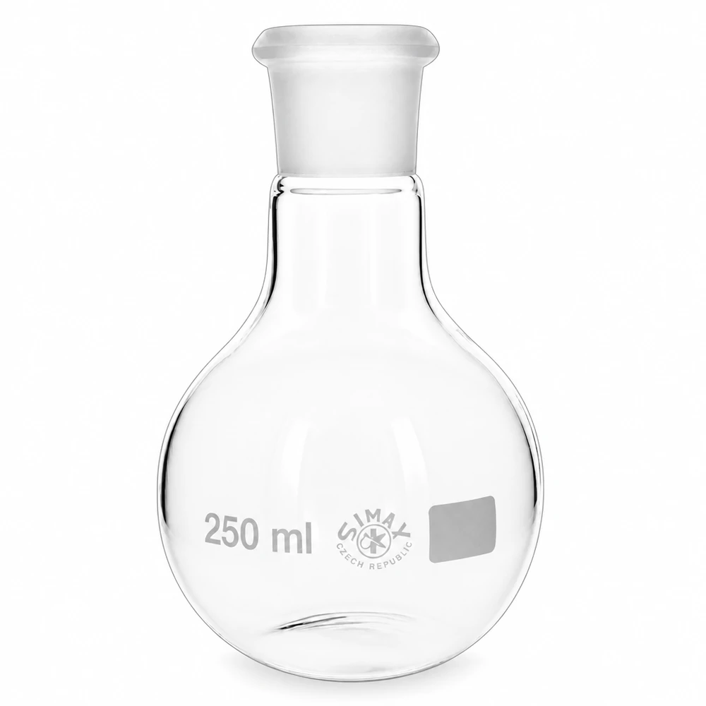 Stempel 250 ml med standard slebet led (29/32) Rund glaskolbe 250 ml med standardslibning 29/32 og prop til kemiske eksperimenter