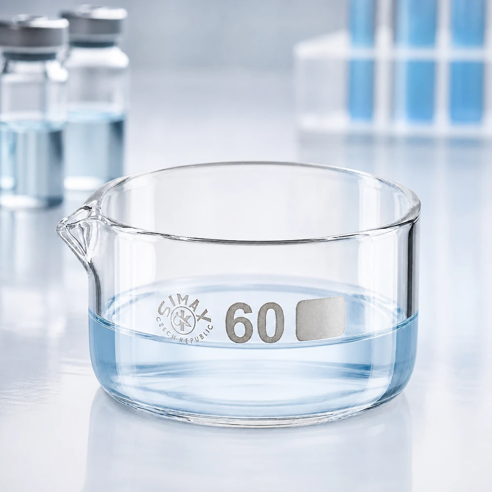 Krystalliseringsskål 60 ml med borosilikat-tud Krystalliseringsskål 60 ml Simax, flad glasskål, med udløb, markering i bunden, laboratorieudførelse, cylindrisk, klar
