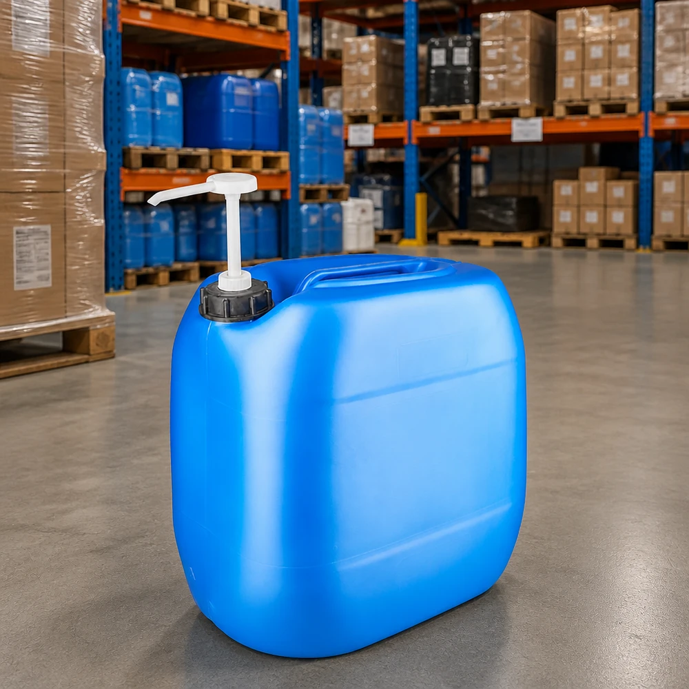 30 liters blå dunk med doseringspumpe Stor blå opbevaringsdunk på 30 liter med pumpehoved på betongulvet i et industrilager