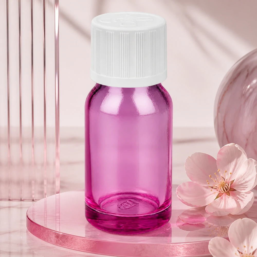 10 ml flaske 11 mm skruelåg hvid standard børnesikret PurpleLine UT18/10 Elegant 10 ml flaske i PurpleLine-design med hvid dråbehætte til professionel brug