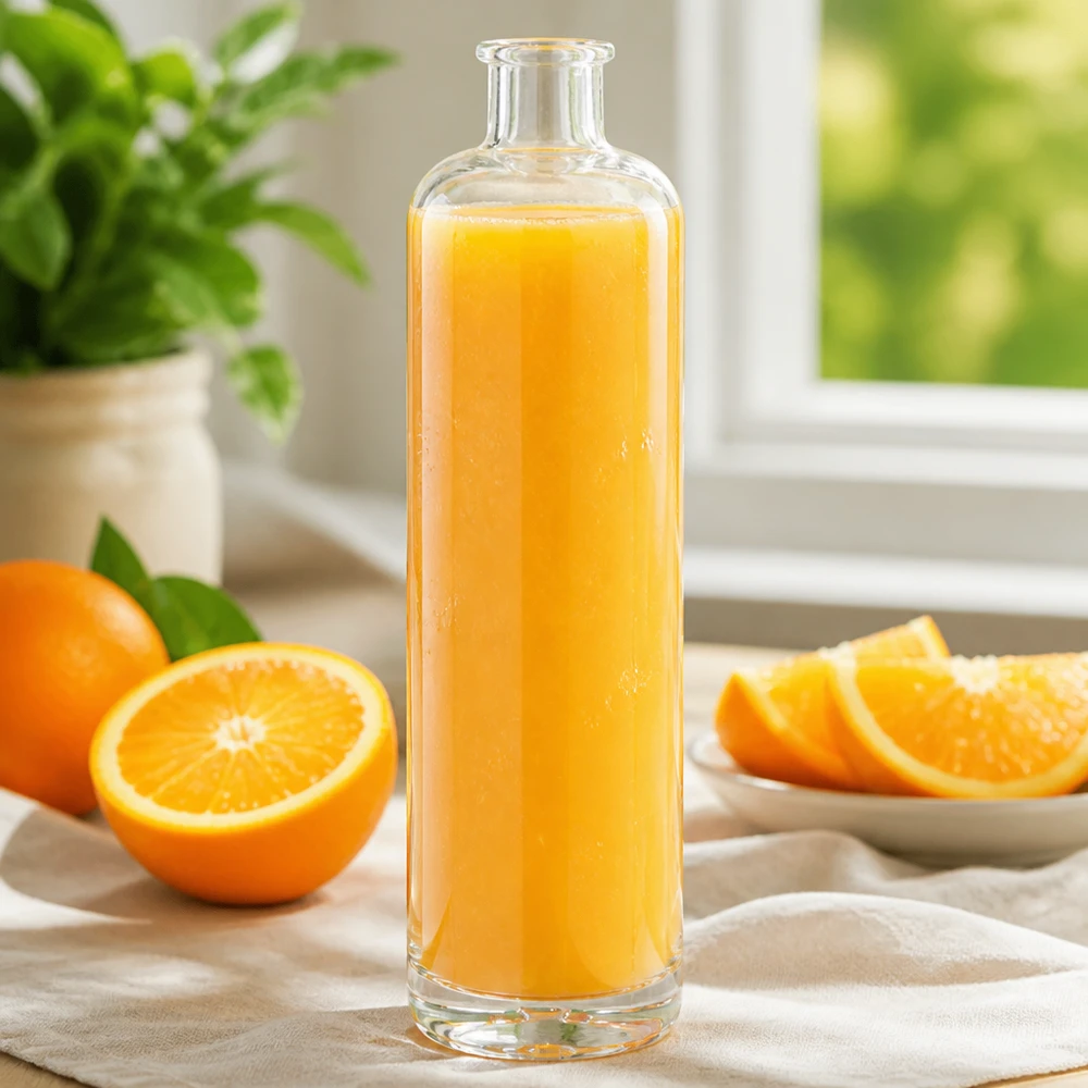 700 ml glasflaske »Ella« uden lukning UNiTWIST® 700 ml glasflaske Ella fyldt med frisk appelsinjuice ved siden af appelsinskiver på et lyst køkkenbord med plantedekoration