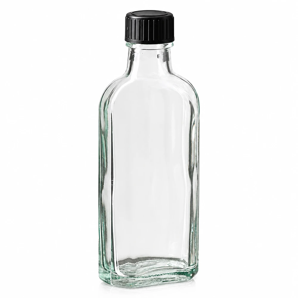 100 ml Meplat-flaske i klart glas med sort skruelåg og EPE-tætningsskive