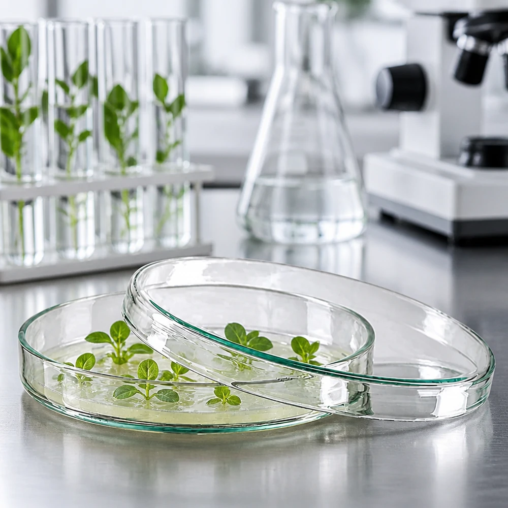Petriskåle af glas, 100 x 15 mm, med grønne plantekim på et gulligt næringsmedium i laboratoriet