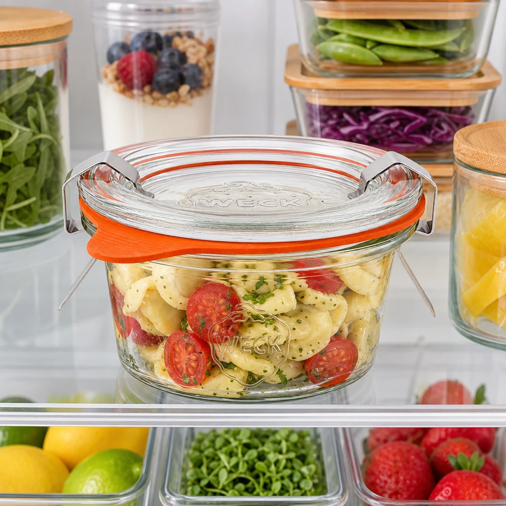 50 ml Briller komplet WECK RR60 WECK 50 ml glas RR60 i køleskabet fyldt med pastasalat mellem andre madbeholdere til opbevaring