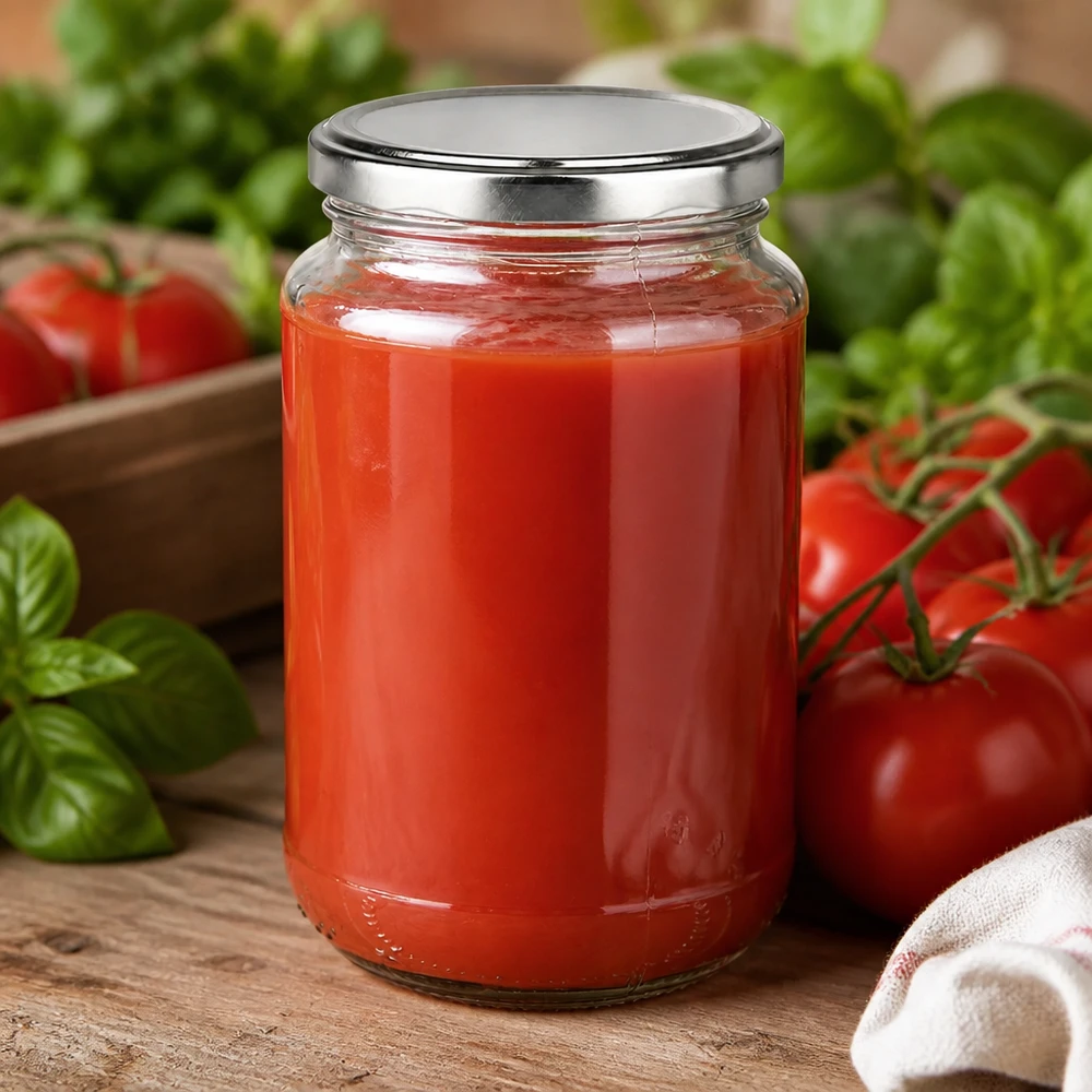 Hjemmelavet tomatsauce, konserveret i en 320 ml rund UniTwist-glaskrukke med et sølvfarvet BasicSeal-låg