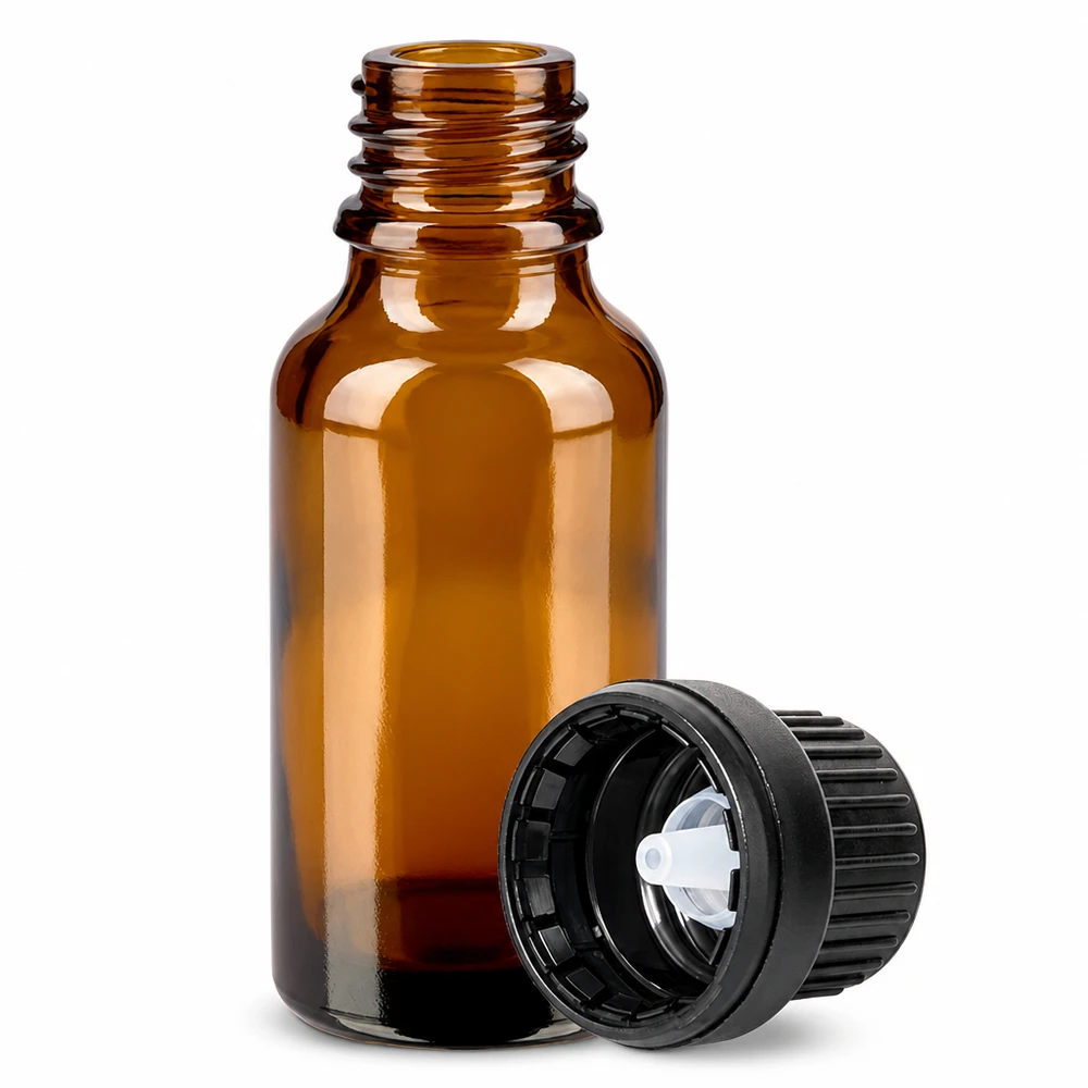 20 ml dråbeflaske 2 mm sort OV BrownLine UT18/20 20 ml ravfarvet glasflaske med 2 mm dråbeindsats til præcis dosering af væsker