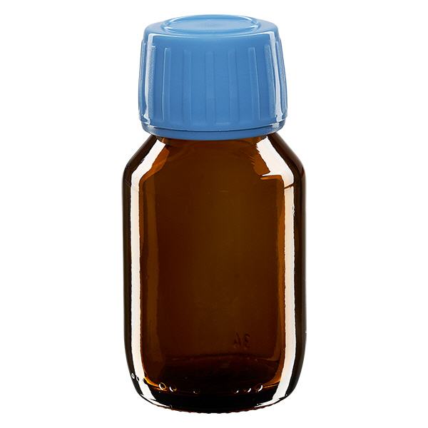 50 ml medicinflaske brun, blå hætte med manipulationssikker ring ApoGlas. Farmaceutisk kvalitet fra EU-produktion. 28 mm (PP28) gevind. (sirup, lys glasflaske) 50 ml medicinflaske brun, blå hætte med manipulationssikker ring ApoGlas. Farmaceutisk kvalitet fra EU-produktion. 28 mm (PP28) gevind. (sirup, lys glasflaske)