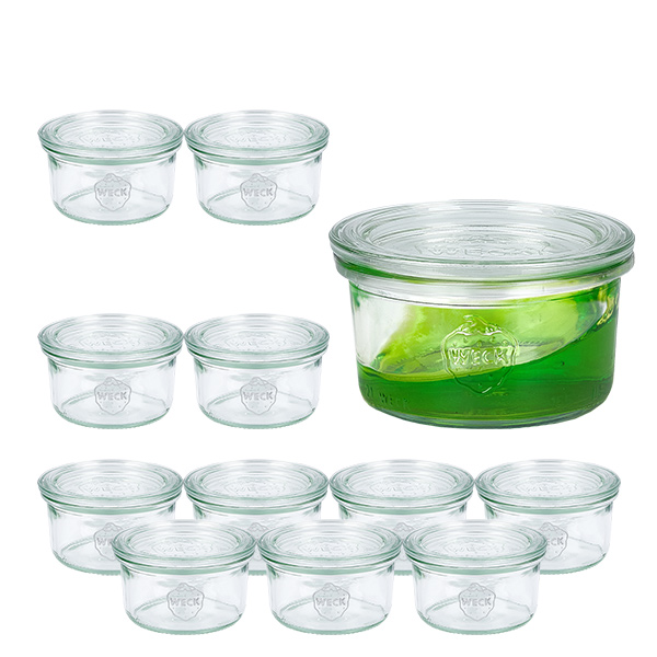 Sæt med 12 Weck-krukker 165 ml Briller med 12 glaslåg Sæt med 12 Weck-krukker 165 ml Briller med 12 glaslåg