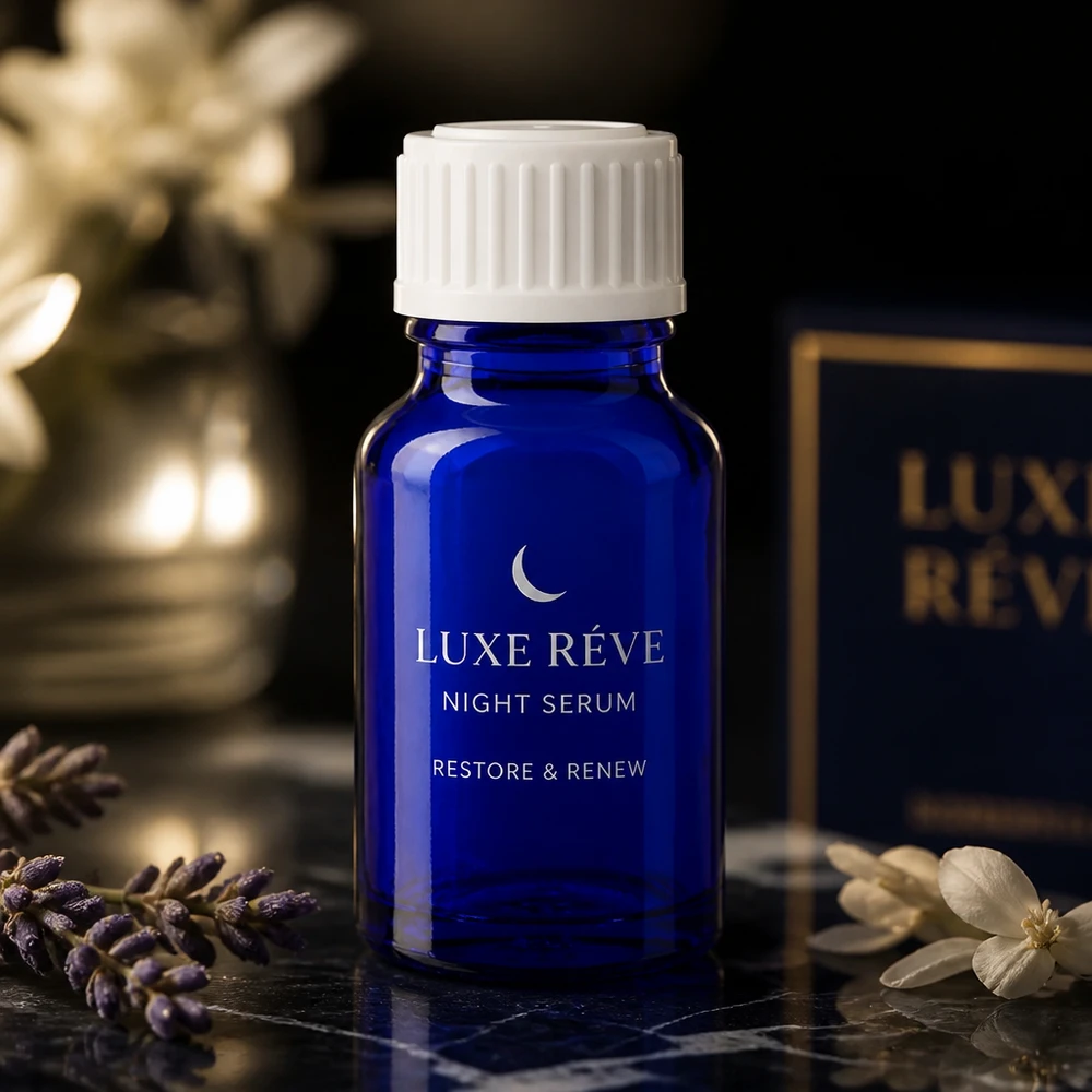 Luxe Reve Night Serum i en koboltblå 10 ml apotekerflaske med hvid skruelåg
