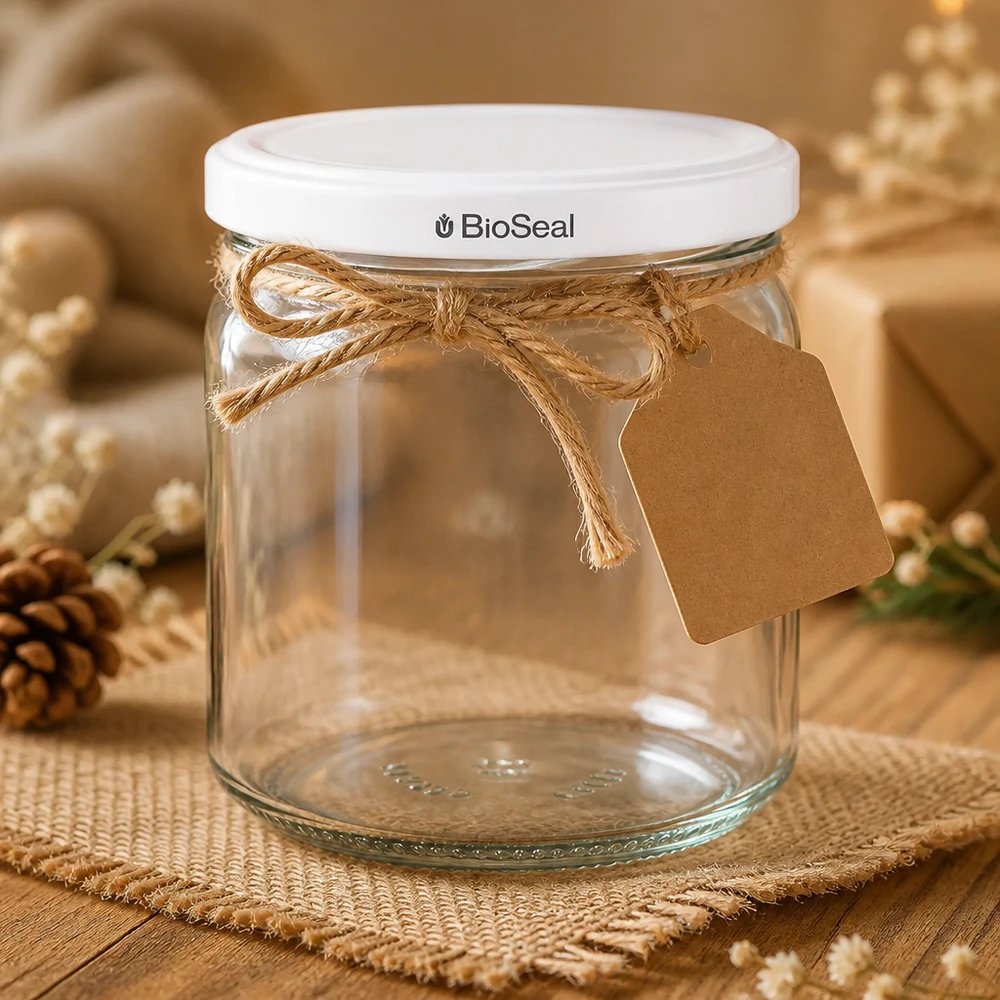 UNiTWIST Runda408 med hvidt låg TO82 BioSeal UNiTWIST Runda408 dekorativ mit Juteschleife und Geschenkanhänger - stilvoll verpacktes Einmachglas als Geschenkidee
