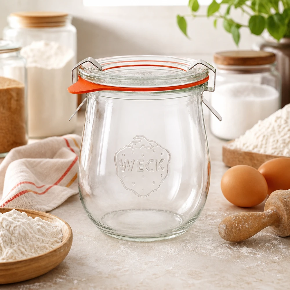WECK tulipankrukke 220ml RR60 i bageri med mel æg og køkkenredskaber konserveringskrukke til bageingredienser