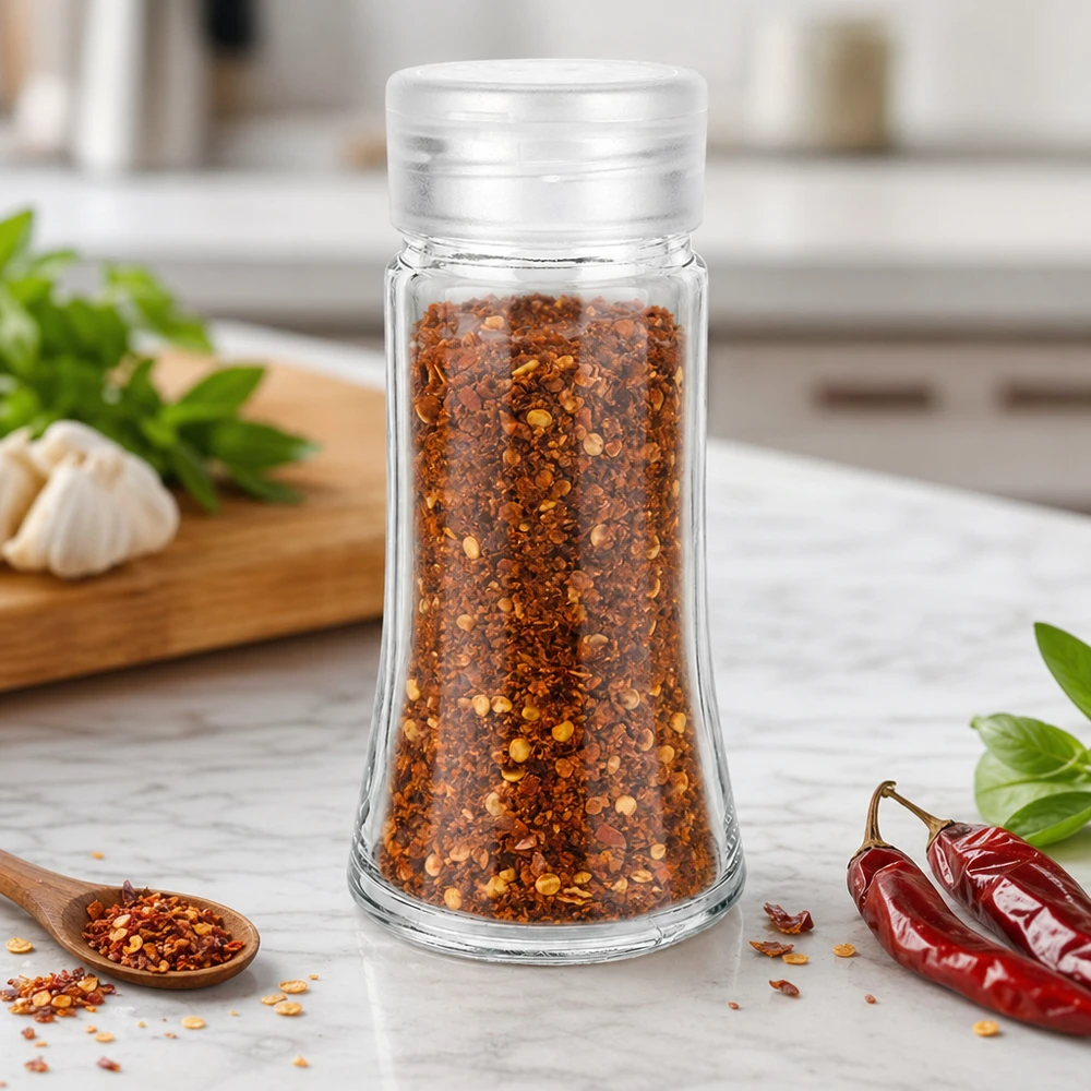 Salt-/krydderikrukke 95 ml med strøer, hvid Gennemsigtigt krydderiglas på 95 ml med hvidt strøelåg, fyldt med chiliflager på Marmorküche
